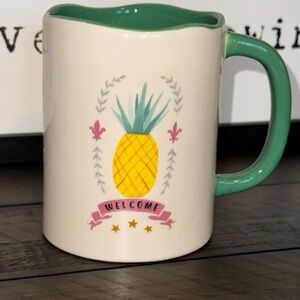 Rae Dunn Magenta Welcome Pineapple Coffee Tea Cup Mug with Green Interior
